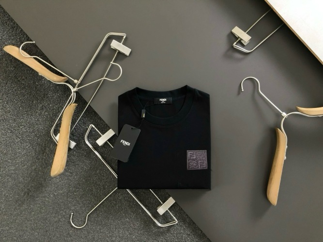 Fendi Men's Black Cotton Crewneck T-Shirt with Embossed Logo Patch 1 Fendi Men’s Black Cotton Crewneck T-Shirt with Embossed Logo Patch