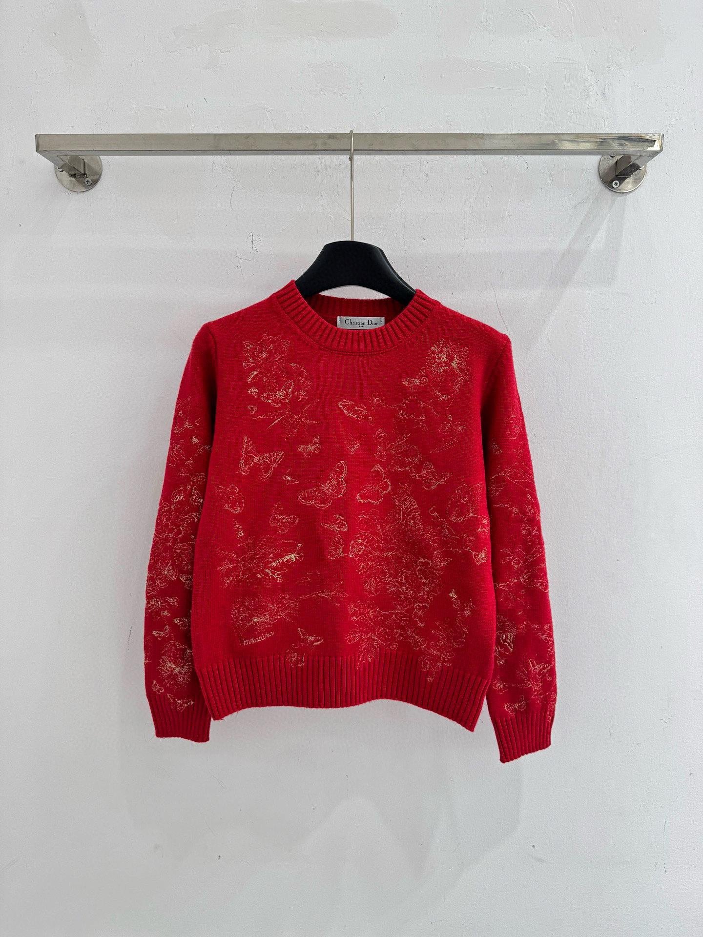 Chanel 白色蝴蝶花卉刺绣圆领针织衫‌