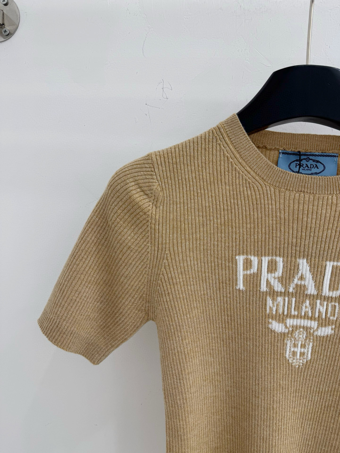 Prada 普家秋冬新款 采圆领‌设计，简约利落，衣身带细闪亮丝，修身版型‌，前胸字母提花，细节