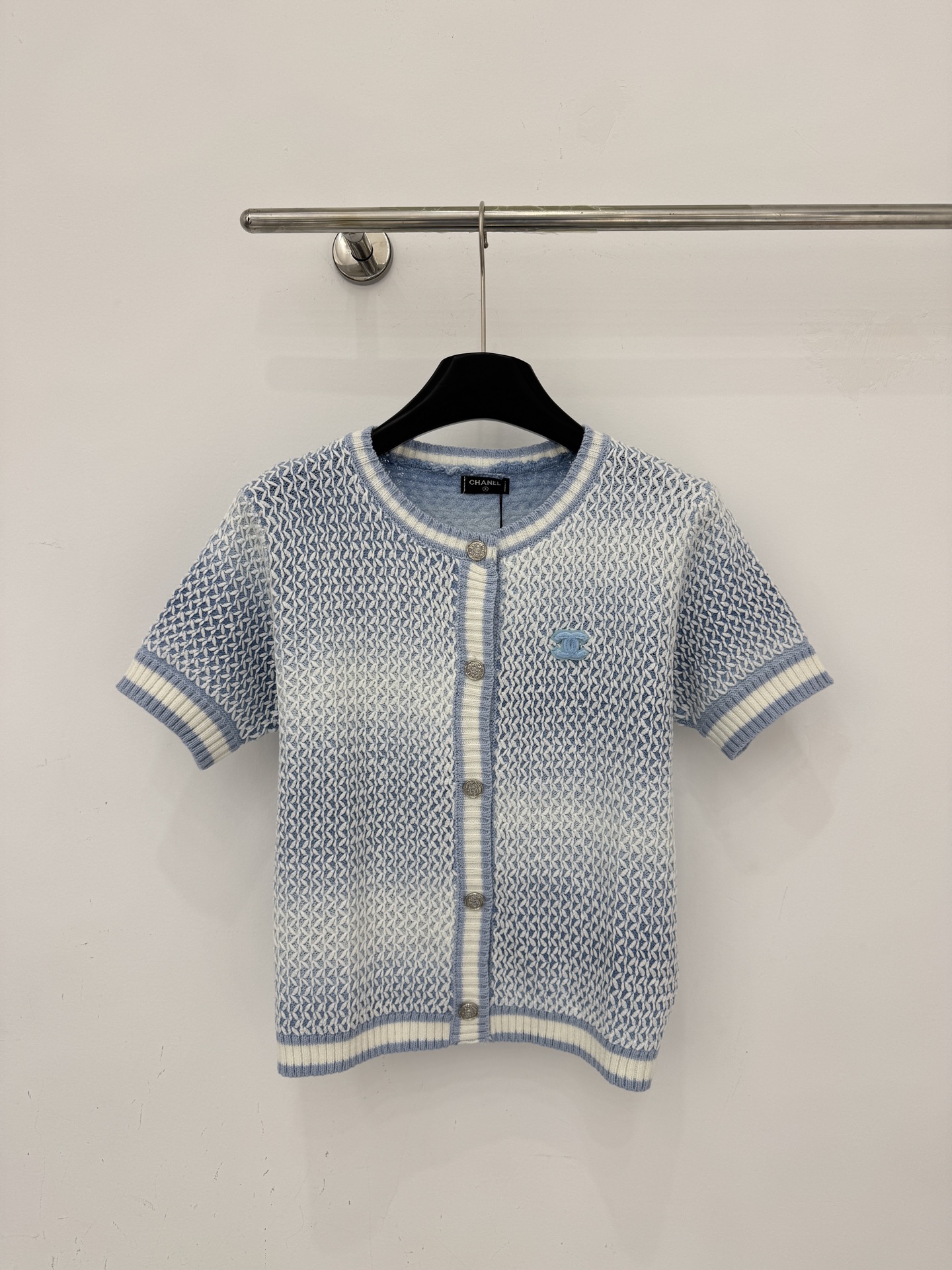 Chrome Hearts 蓝黄渐变镂空针织短袖开衫，菱格纹理，软糯透气，简约圆领，温柔清新，百搭耐看。H
