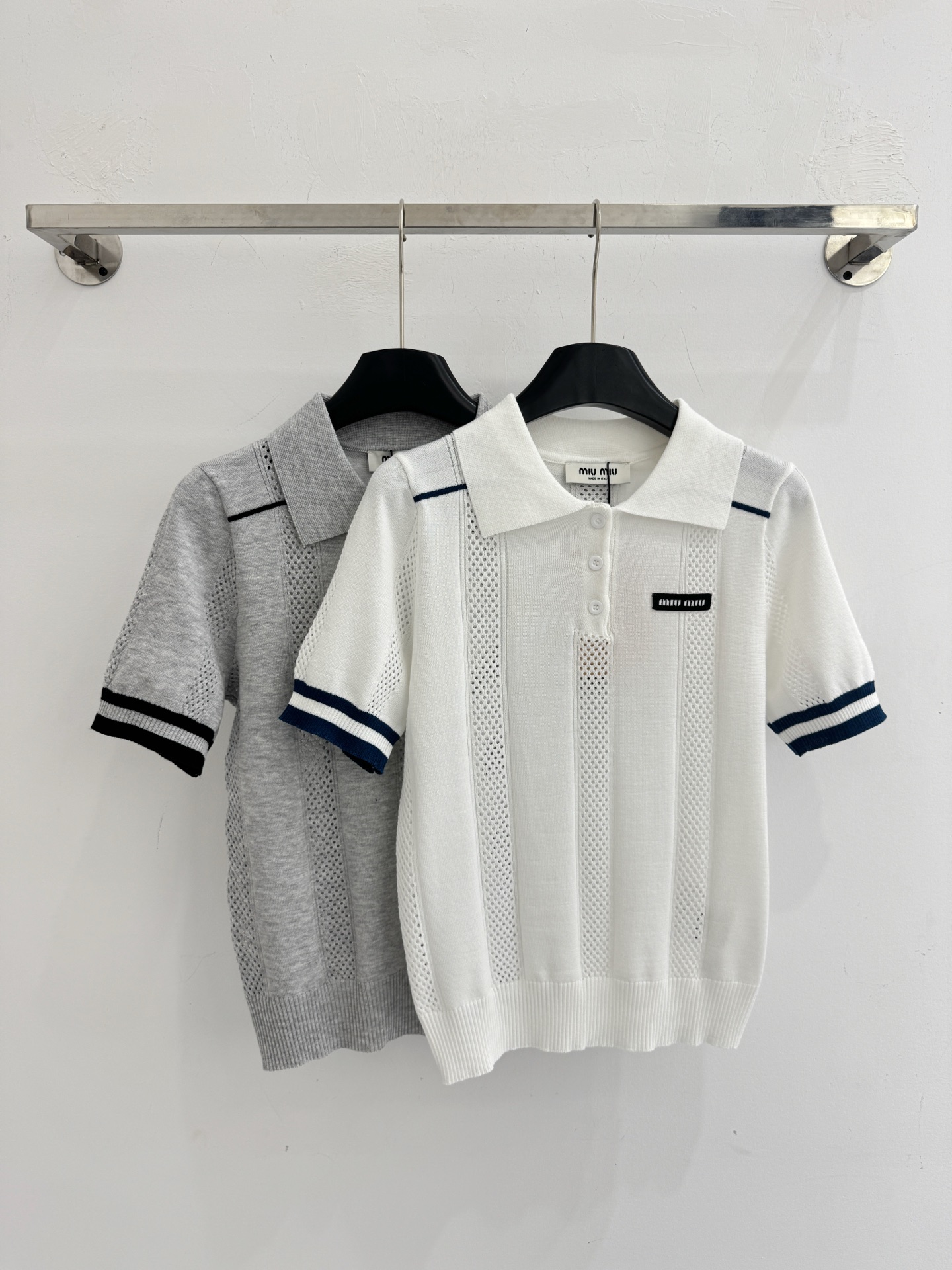 Unknown 灰白撞色Polo针织衫，镂空透气，学院风，百搭显瘦