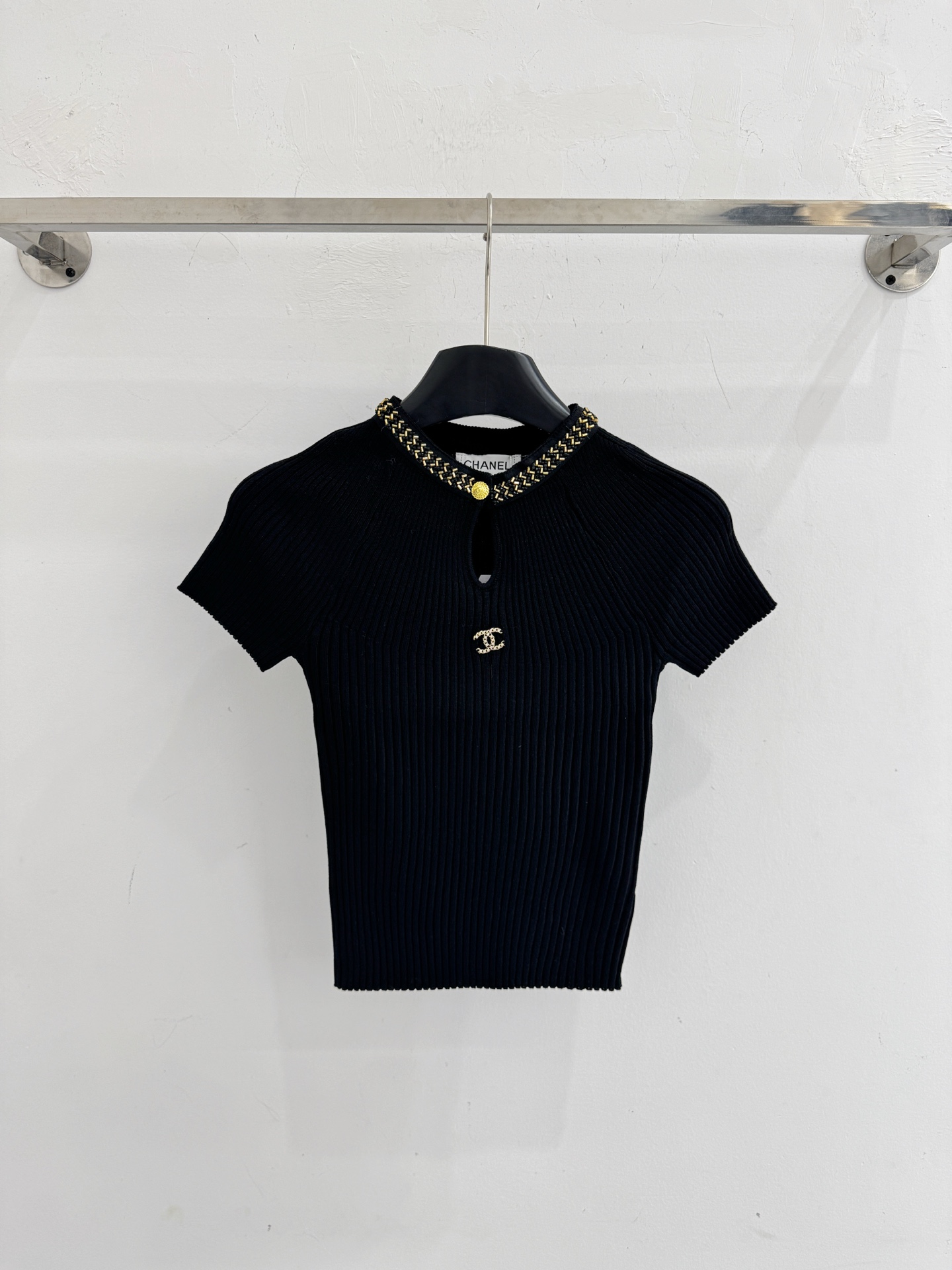 Chrome Hearts 金链装饰圆领坑条针织短袖上衣