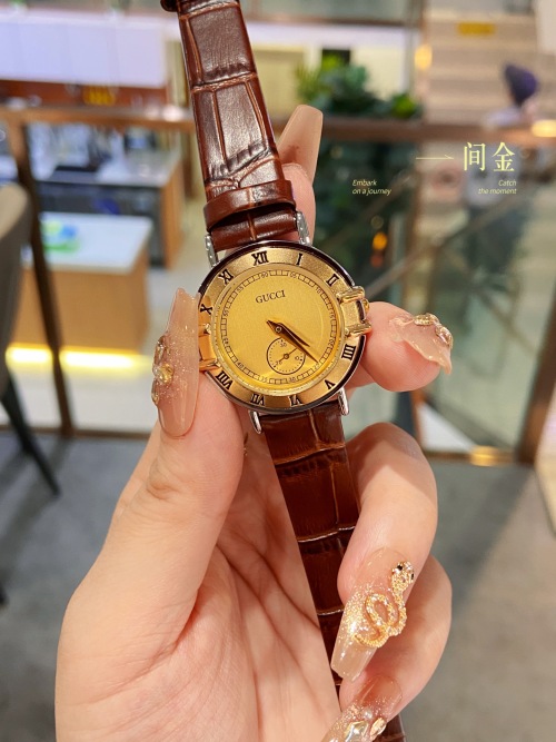 Gucci Women's Watch with Brown Leather Strap and Gold Dial, 26mm 1 Gucci Women's Watch with Brown Leather Strap and Gold Dial, 26mm