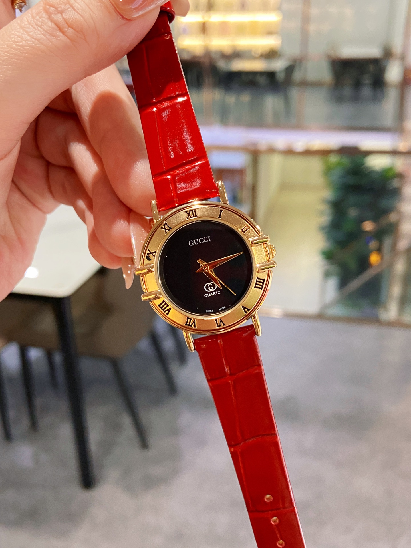 Gucci Women's Watch, Red Leather Band, Gold Case, Classic Design, 26mm x 14mm