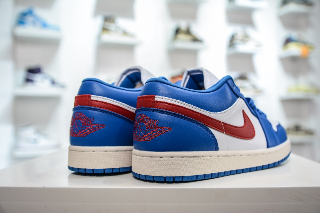 T version of the original Air Jordan AJ1 Low low-top blue, white and red hook DC0774-416