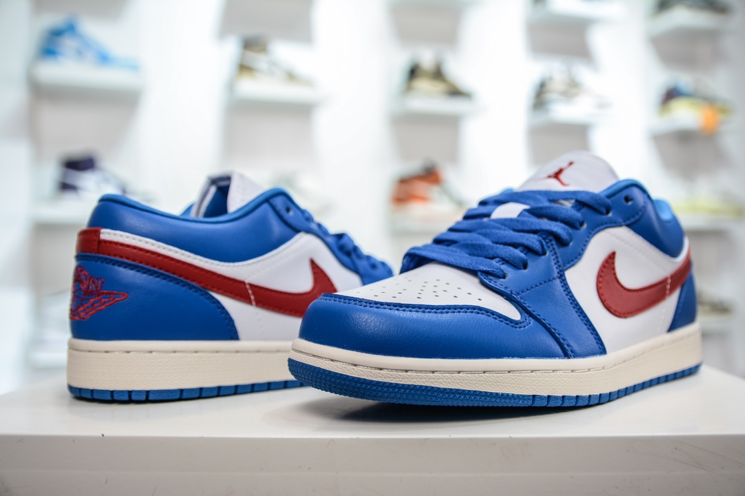 T version of the original Air Jordan AJ1 Low low-top blue, white and red hook DC0774-416