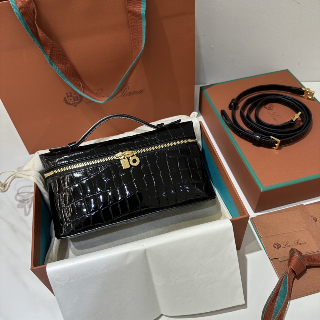 𝐋𝐨𝐫𝐨 𝐏𝐢𝐚𝐧𝐚 Crocodile Extra Bag 19 Box Bag Crocodile Skin Rare Leather - Top Quality