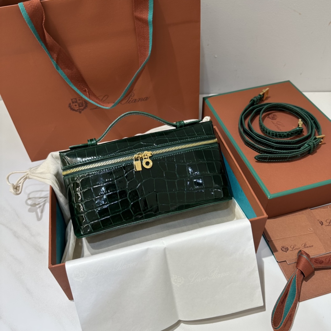 𝐋𝐨𝐫𝐨 𝐏𝐢𝐚𝐧𝐚 Crocodile Extra Bag 19 Box Bag Crocodile Skin Rare Leather - Top Quality