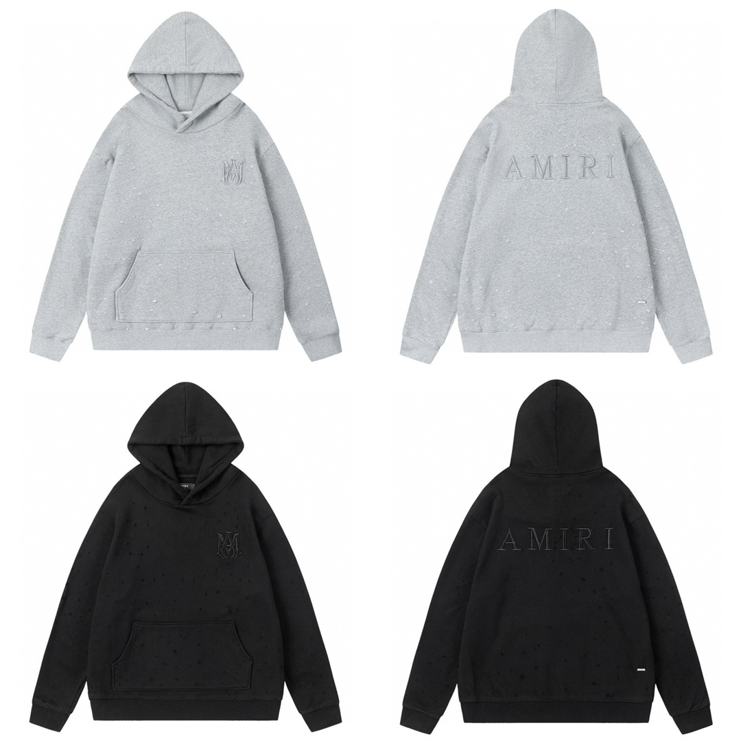 AMIRI刺繍破洞連帽衛衣 - ブラック・花灰色・サイズ展開あり