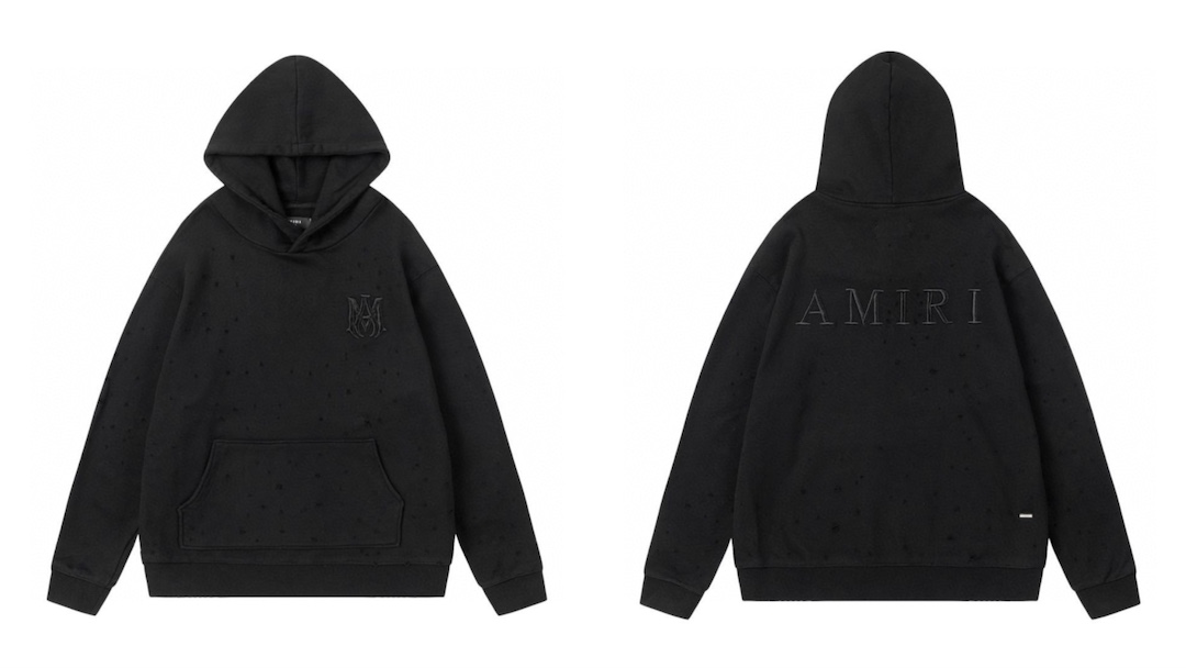 AMIRI刺繍破洞連帽衛衣 - ブラック・花灰色・サイズ展開あり