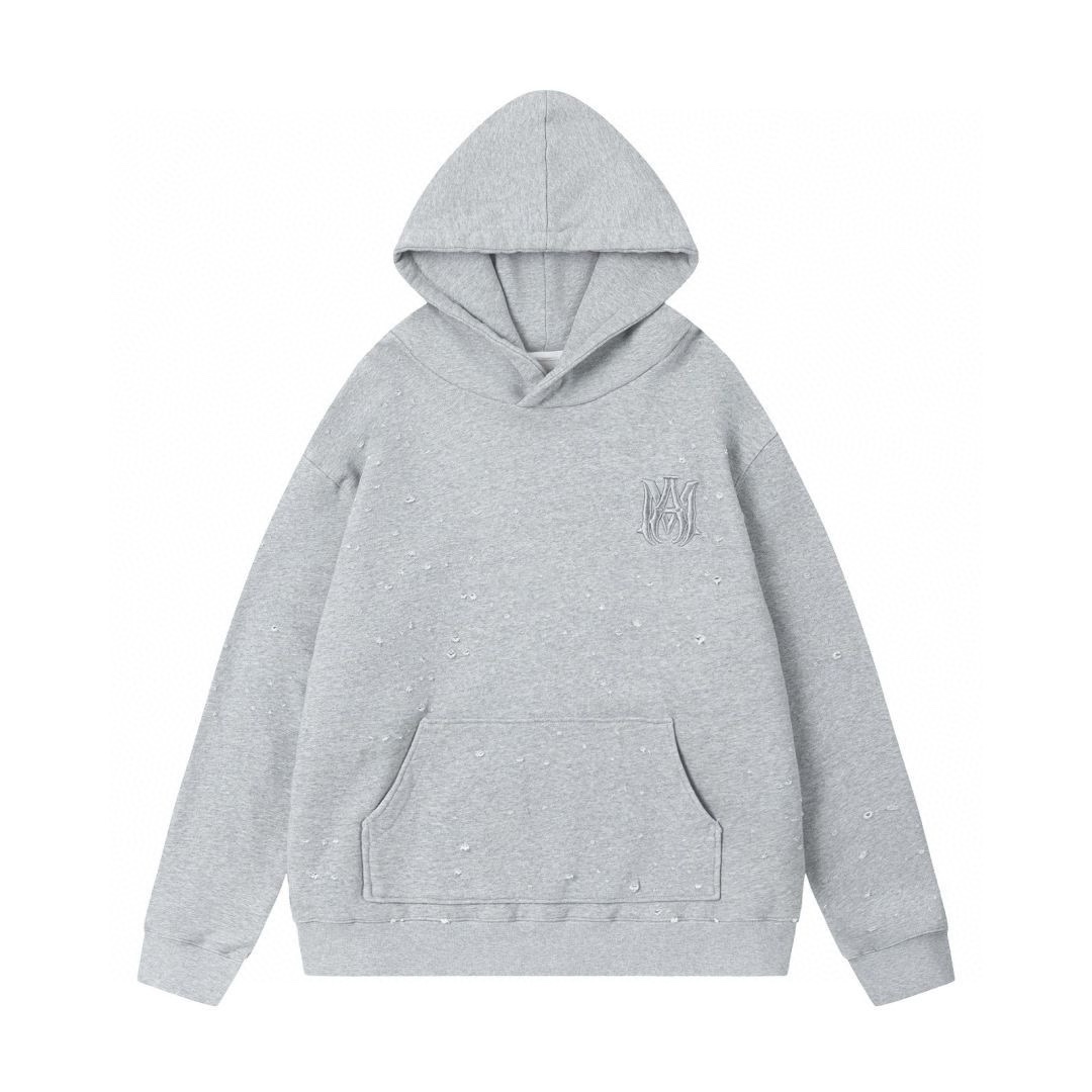 AMIRI刺繍破洞連帽衛衣 - ブラック・花灰色・サイズ展開あり