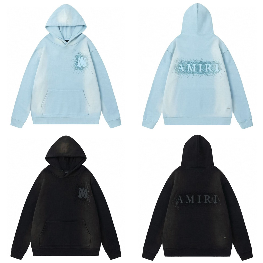 AMIRI烫钻洗水款連帽衛衣 - 天蓝色/黑色のヴィンテージスタイル