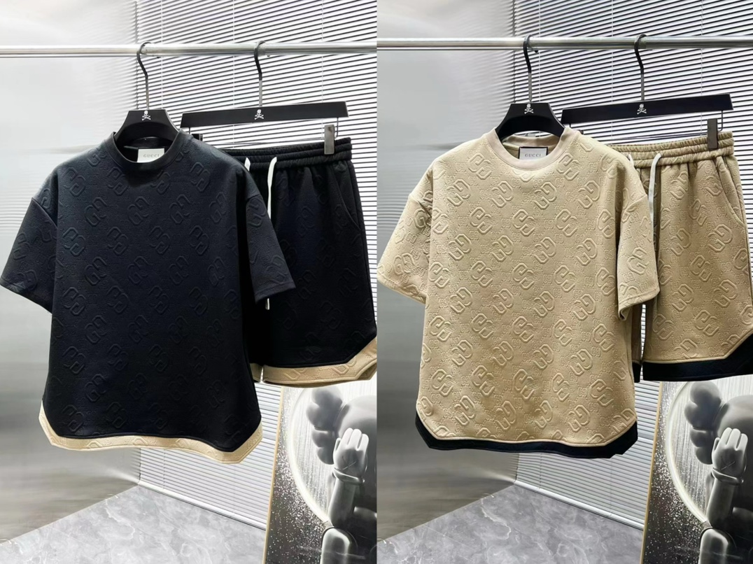GUCCI 古驰 nuevo verano, conjunto de tela jacquard, camiseta de manga corta y pantalones cortos, tela personalizada de bo…