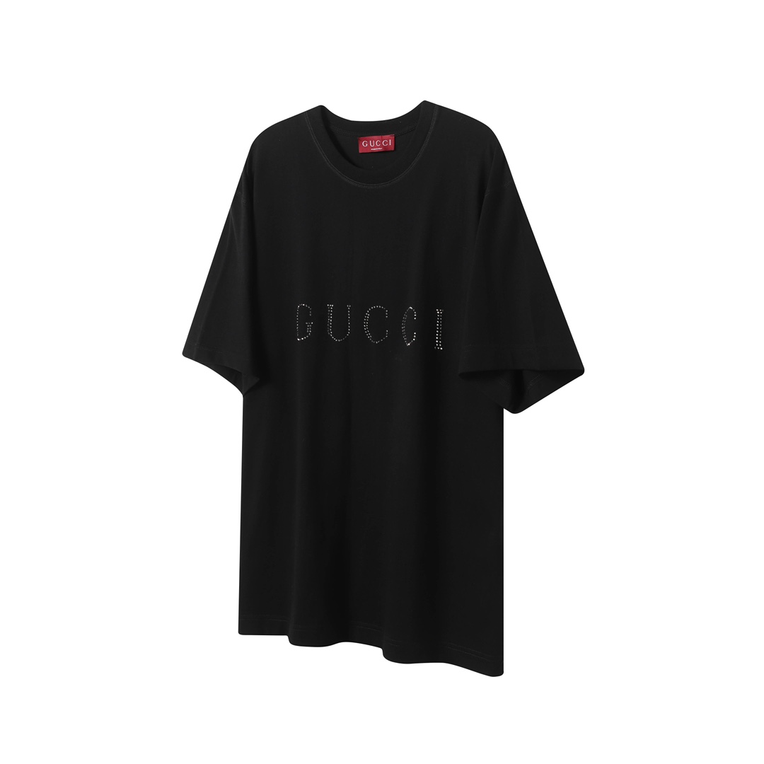 「G32」 Gucci/古驰 Camiseta de manga corta con letras y cristales de azabache de la colección 25ss. Tela personalizada de a…