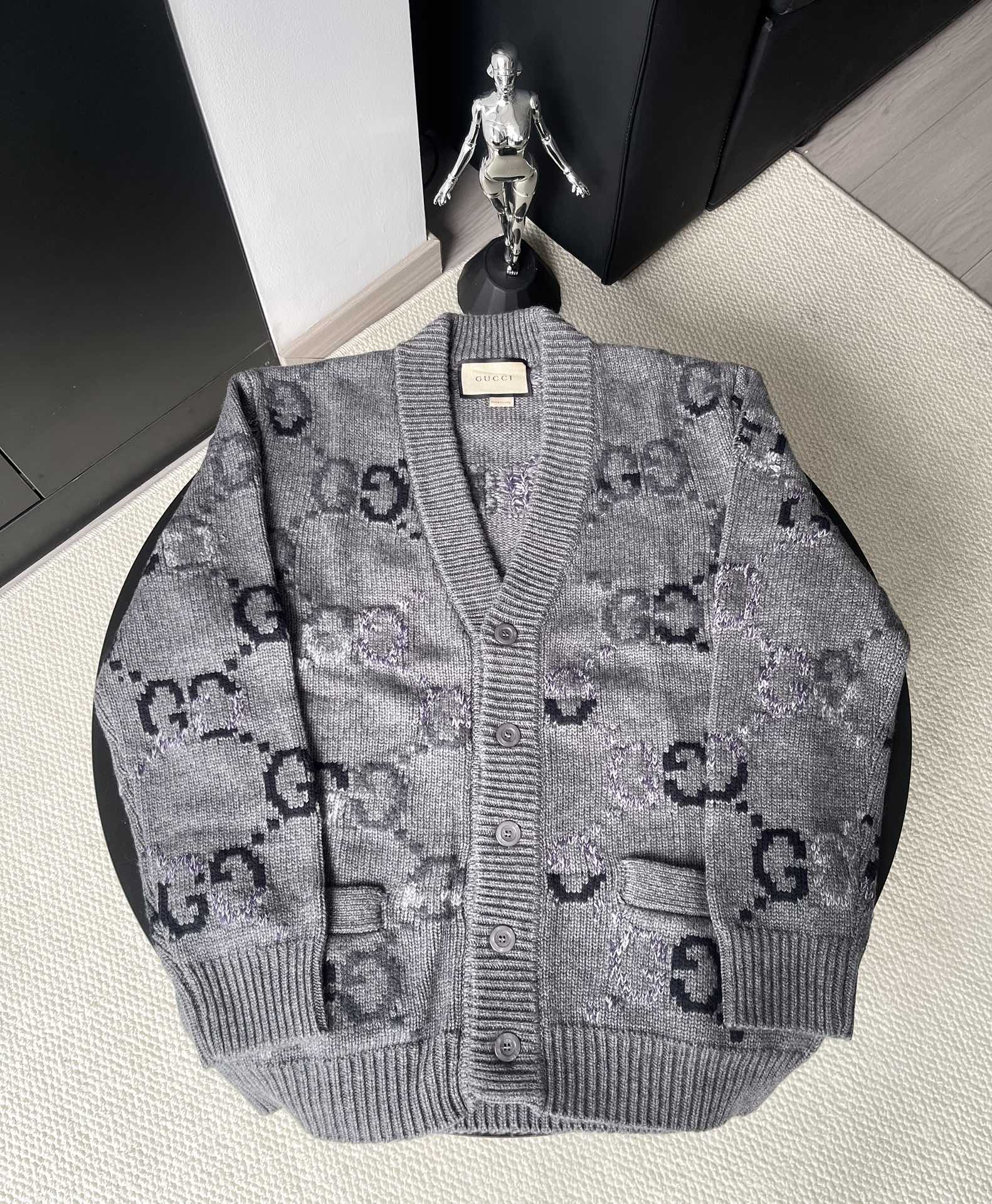 Gucci Gray Knitwear Jersey Cardigan Sweater with GG Logo