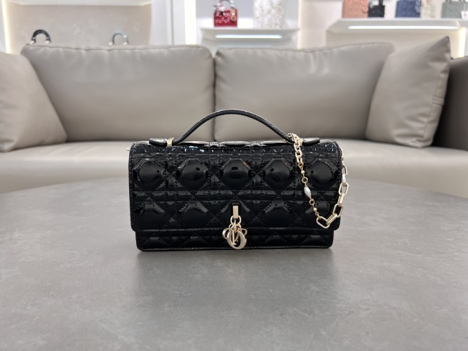 Lady Dior Black Lambskin Clutch with Pearl Chain - Elegant & Versatile 1 Lady Dior Black Lambskin Clutch with Pearl Chain - Elegant & Versatile