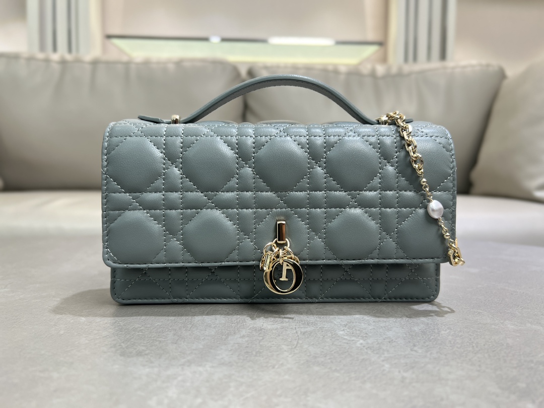 0980 Clutch Lady Dior Pearl de piel de oveja gris piedra Este clutch es novedad esta temporada, con un asa en la parte …