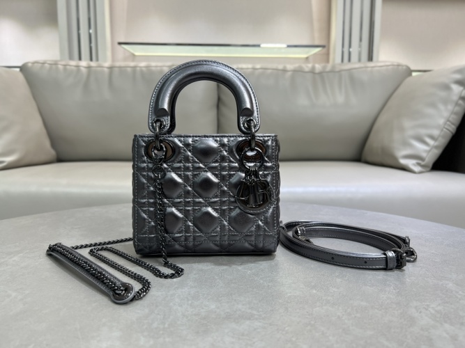 Dior Lady D-Lite Bag Lambskin Gray with Cannage Stitching, 17 x 15 x 7 cm 1 Dior Lady D-Lite Bag Lambskin Gray with Cannage Stitching, 17 x 15 x 7 cm