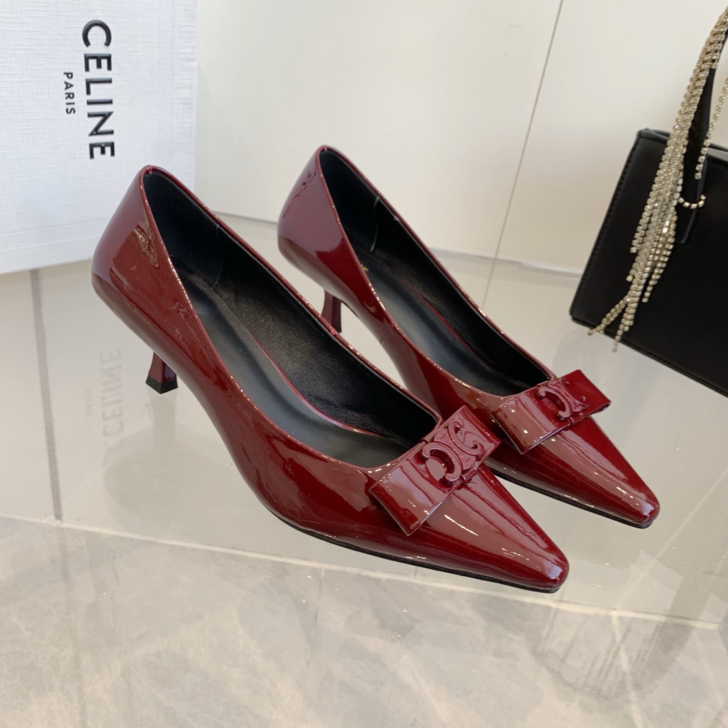 Celine Triomphe T-Strap Kitten Heels in Patent Calfskin - Elegant & Chic