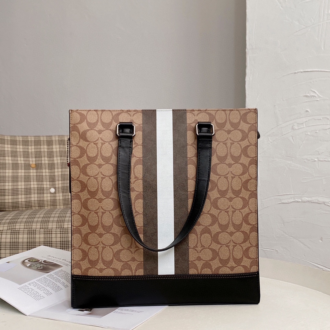 Coach 新款男包VARSITY条纹GRAHAM托特包c3232单肩斜挎手提公文包6707卡其，尺寸35.37.8