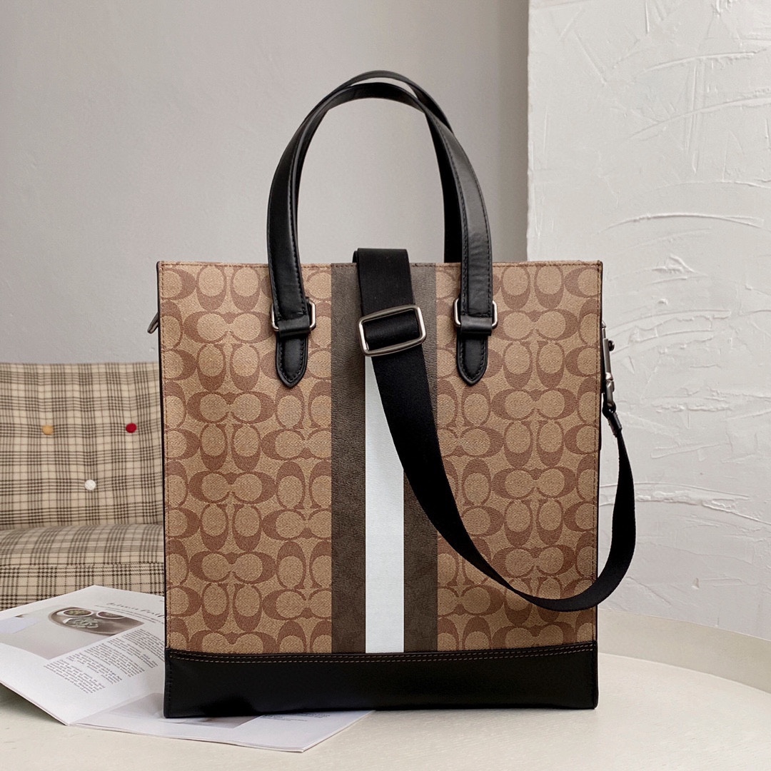 Coach 新款男包VARSITY条纹GRAHAM托特包c3232单肩斜挎手提公文包6707卡其，尺寸35.37.8
