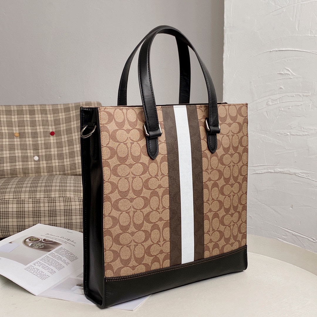 Coach 新款男包VARSITY条纹GRAHAM托特包c3232单肩斜挎手提公文包6707卡其，尺寸35.37.8