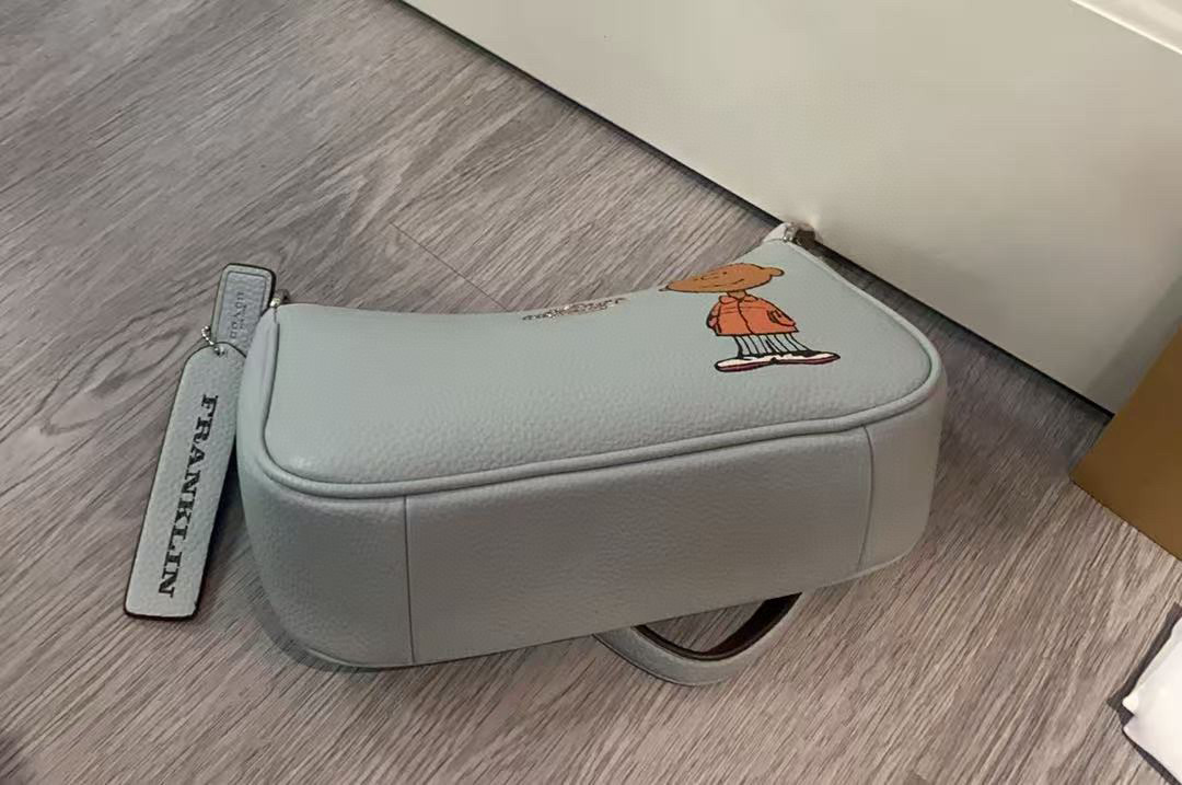 P220 COACH蔻驰x PEANUTS联名款Teri25卡通图案印花 皮革 斜挎单肩包中号女款银色拼鹦鹉蓝多色 货号:CBM31 cBj77 CBJ80 CBJ83 尺寸25cm