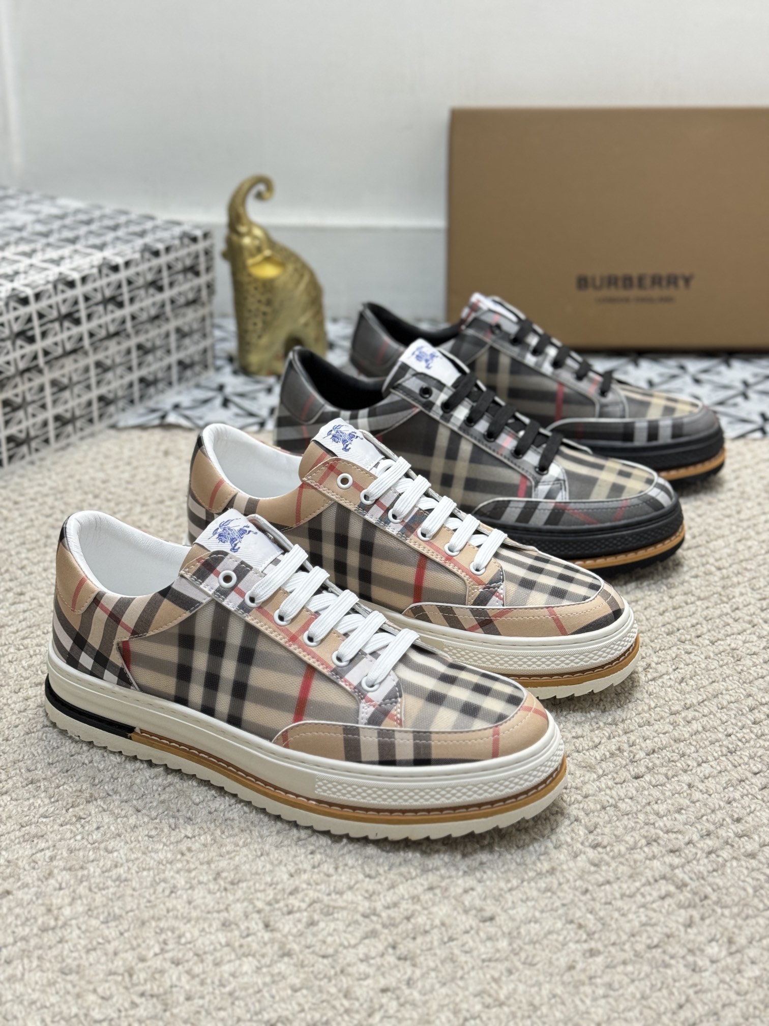 Burberry Schuhe Turnschuhe Männer Baumwolle Rindsleder Kautschuk Schaffell Vintage Low Tops