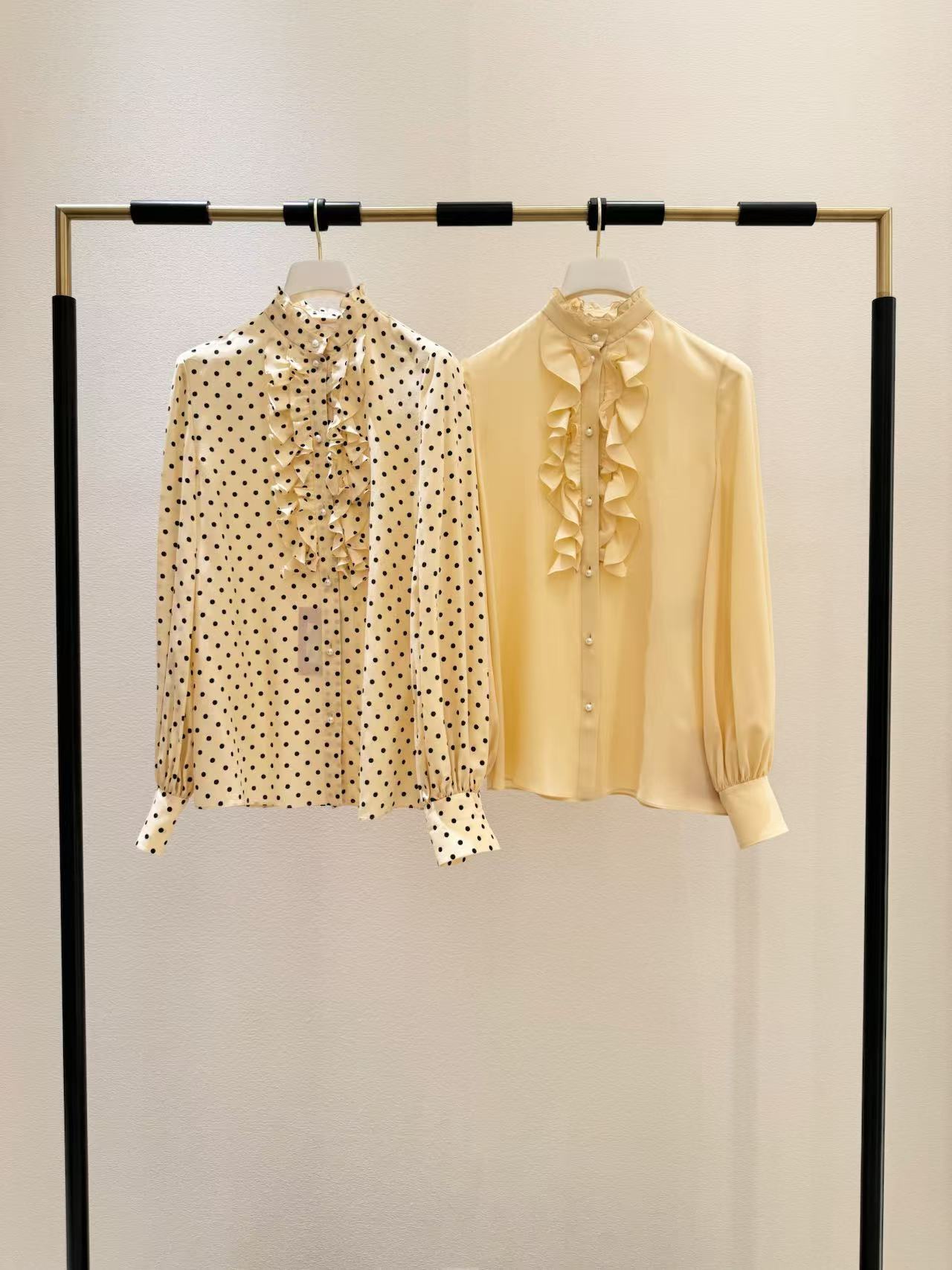 Elegant Polka Dot Blouse with Ruffle Neckline and Pearl Details - Retro Chic 3 a1743223768660 5357