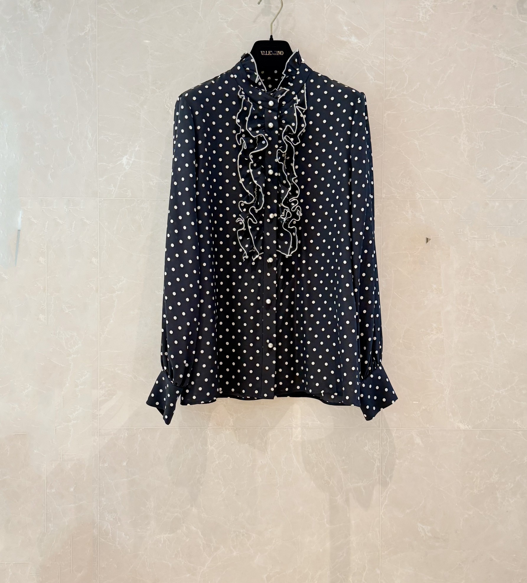 Elegant Polka Dot Blouse with Ruffle Neckline and Pearl Details - Retro Chic 4 a1743223786713 6063