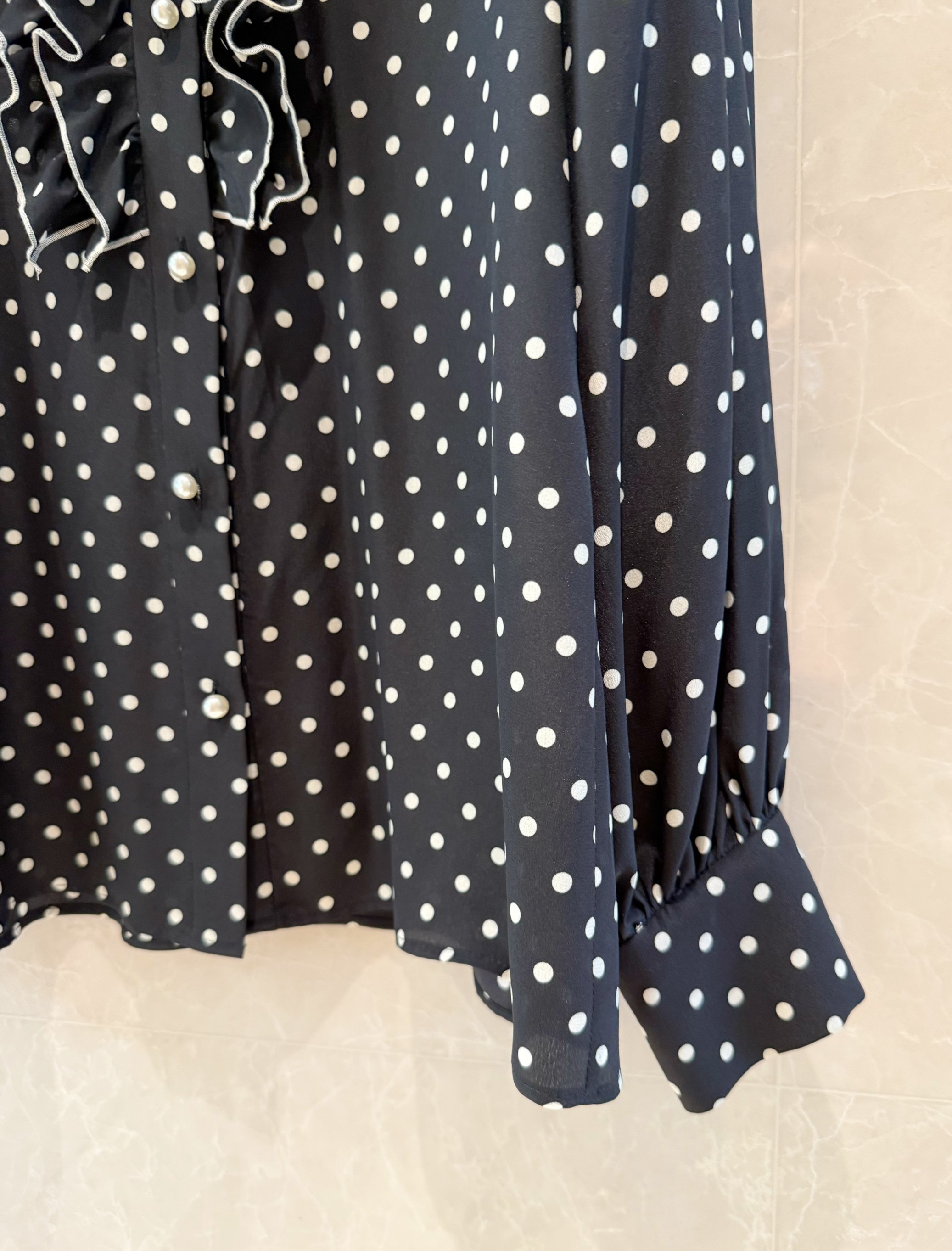 Elegant Polka Dot Blouse with Ruffle Neckline and Pearl Details - Retro Chic 6 a1743223786974 0237