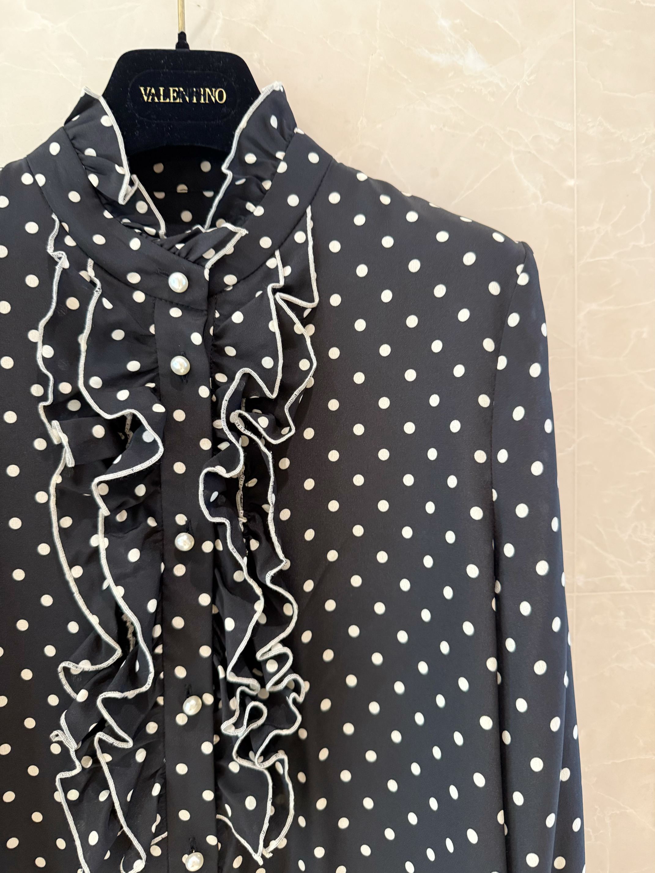 Elegant Polka Dot Blouse with Ruffle Neckline and Pearl Details - Retro Chic 5 a1743223787213 2860