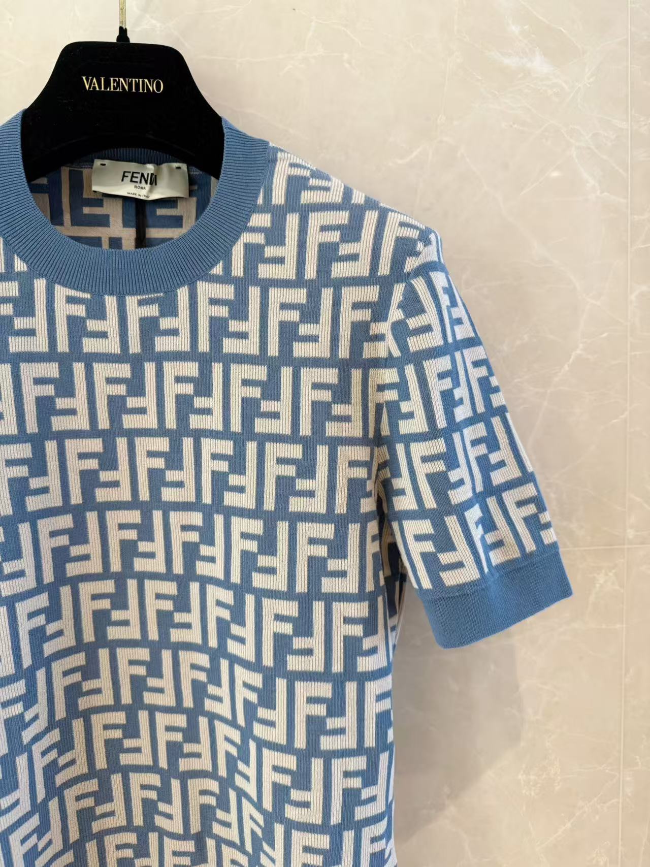 Ff Logo Short Sleeve Knit Top, Air Blue, Summer Essential - Fashionable & Versatile 7 a1743999545204 7623