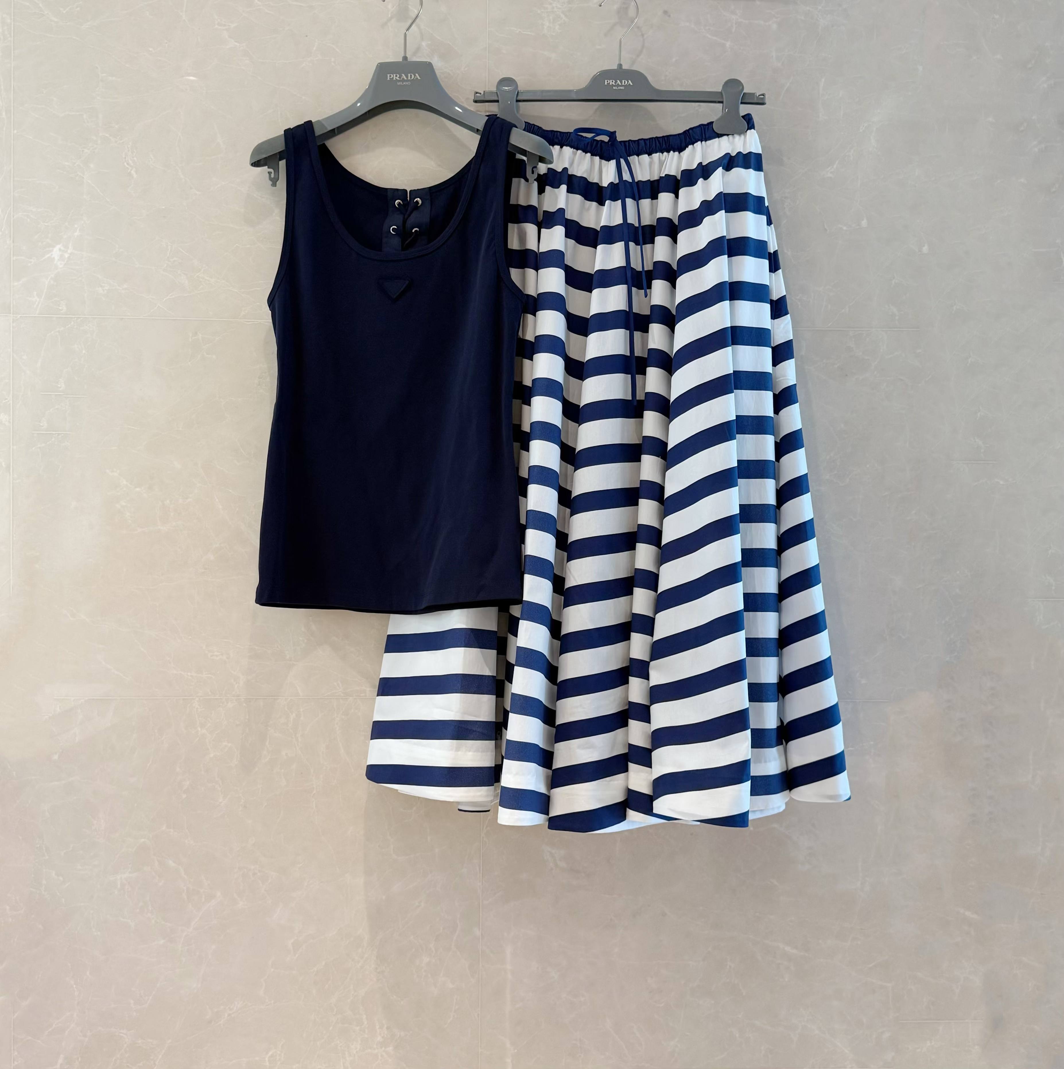 Blue Striped Midi Skirt - Summer High Waist Cotton Linen Blend 5 a1746505082729 5048
