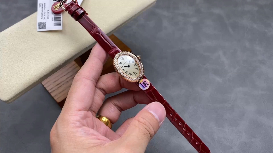 Cartier Baignoire Women's Watch, Rose Gold with Diamond Bezel and Red Leather Strap