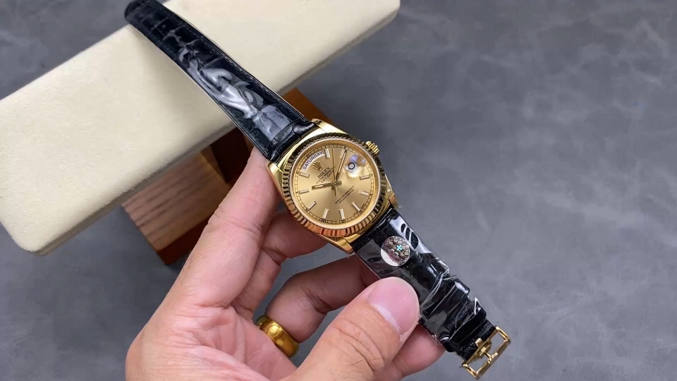 Rolex Day-Date 36mm Gold-Tone Watch with Black Leather Band