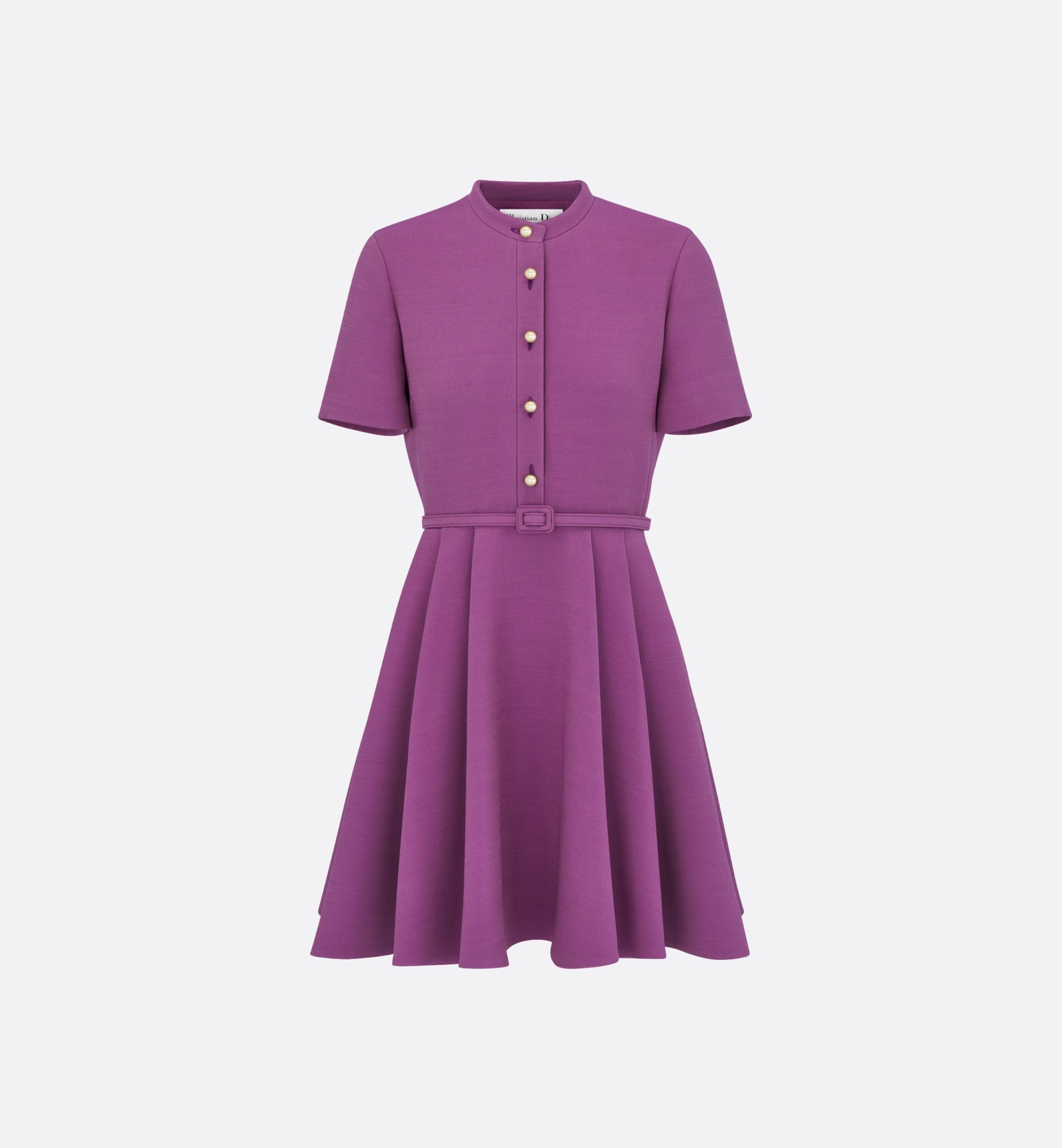 CD春夏连衣裙采用轻盈的紫色绵羊毛和桑蚕丝混纺面料精心制作，立领设计、喇叭形剪裁，上身非常显瘦 ️码数；36-42