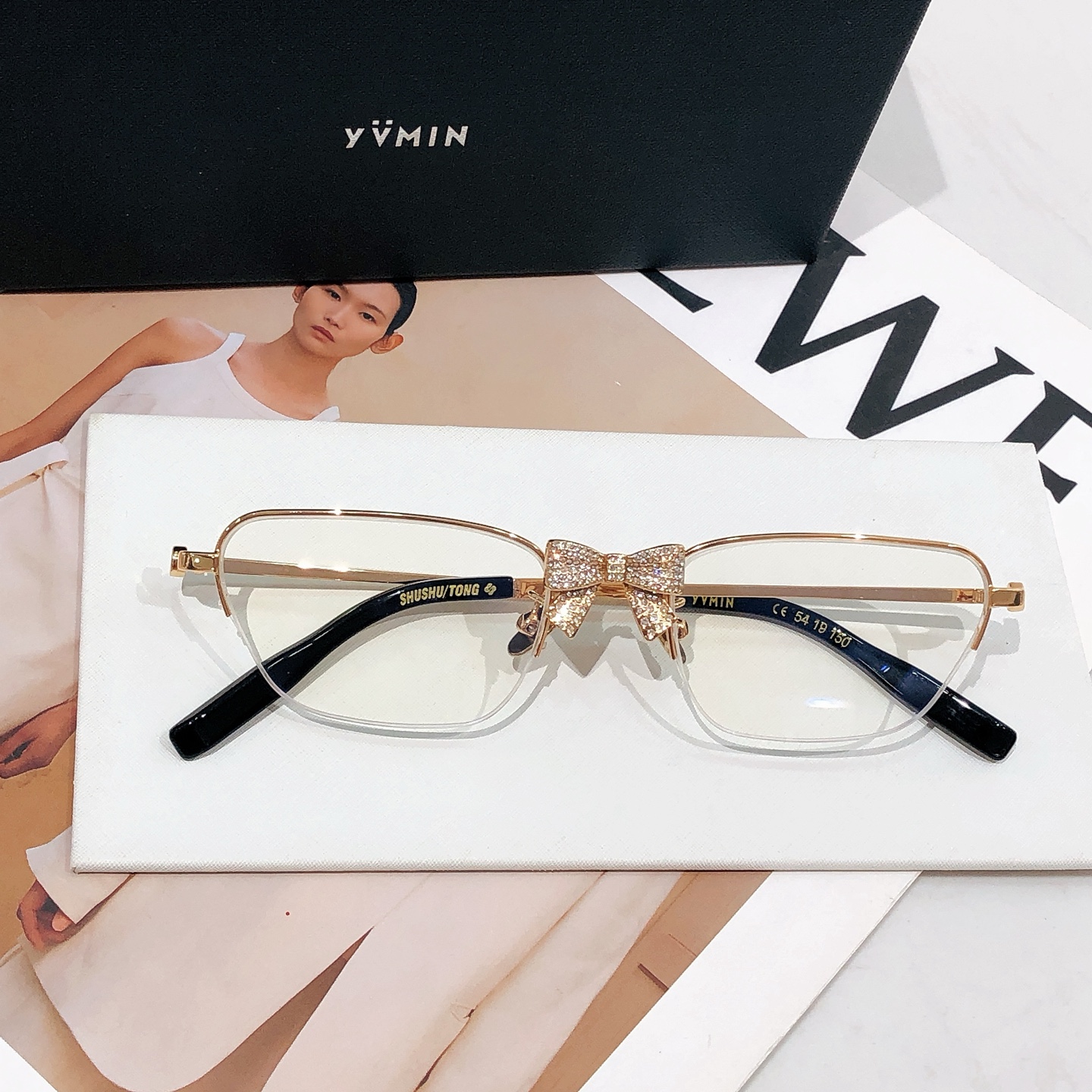 YVMIN SHUSHUTONG Titanium Frame Metal Bow Rhinestone Eyewear