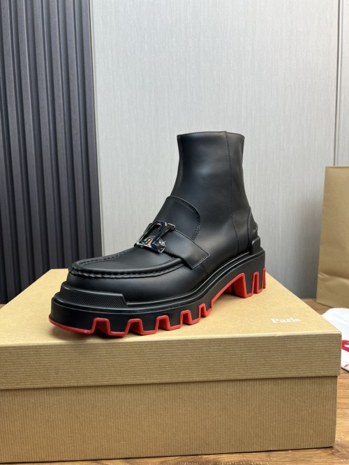 Christian Louboutin Black Leather Ankle Boots with Red Sole, Men Fashion Shoes 21 Christian Louboutin Black Leather Ankle Boots with Red Sole, Men Fashion Shoes