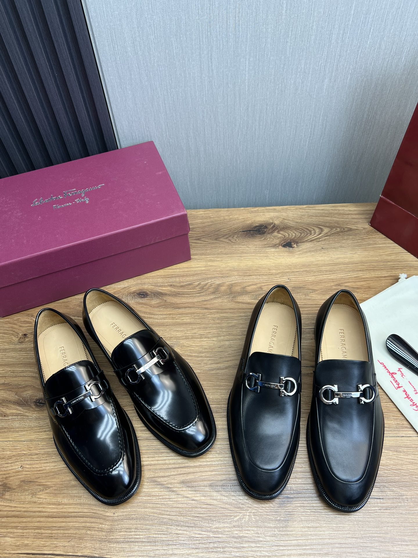 Ferragamo Men's Black Leather Loafers with Silver Hardware