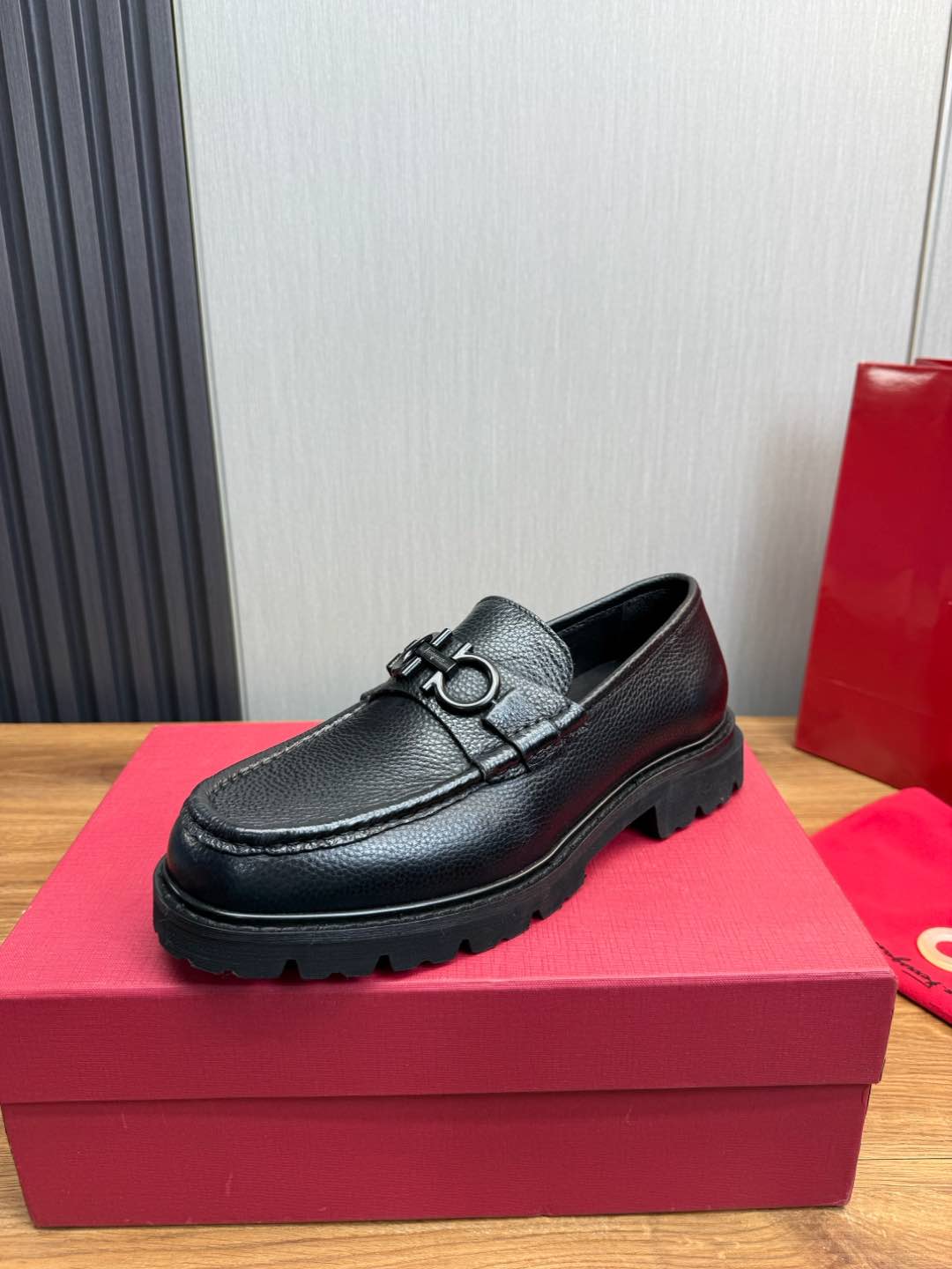 Ferragamo Men's Black Leather Loafers with Signature Buckle