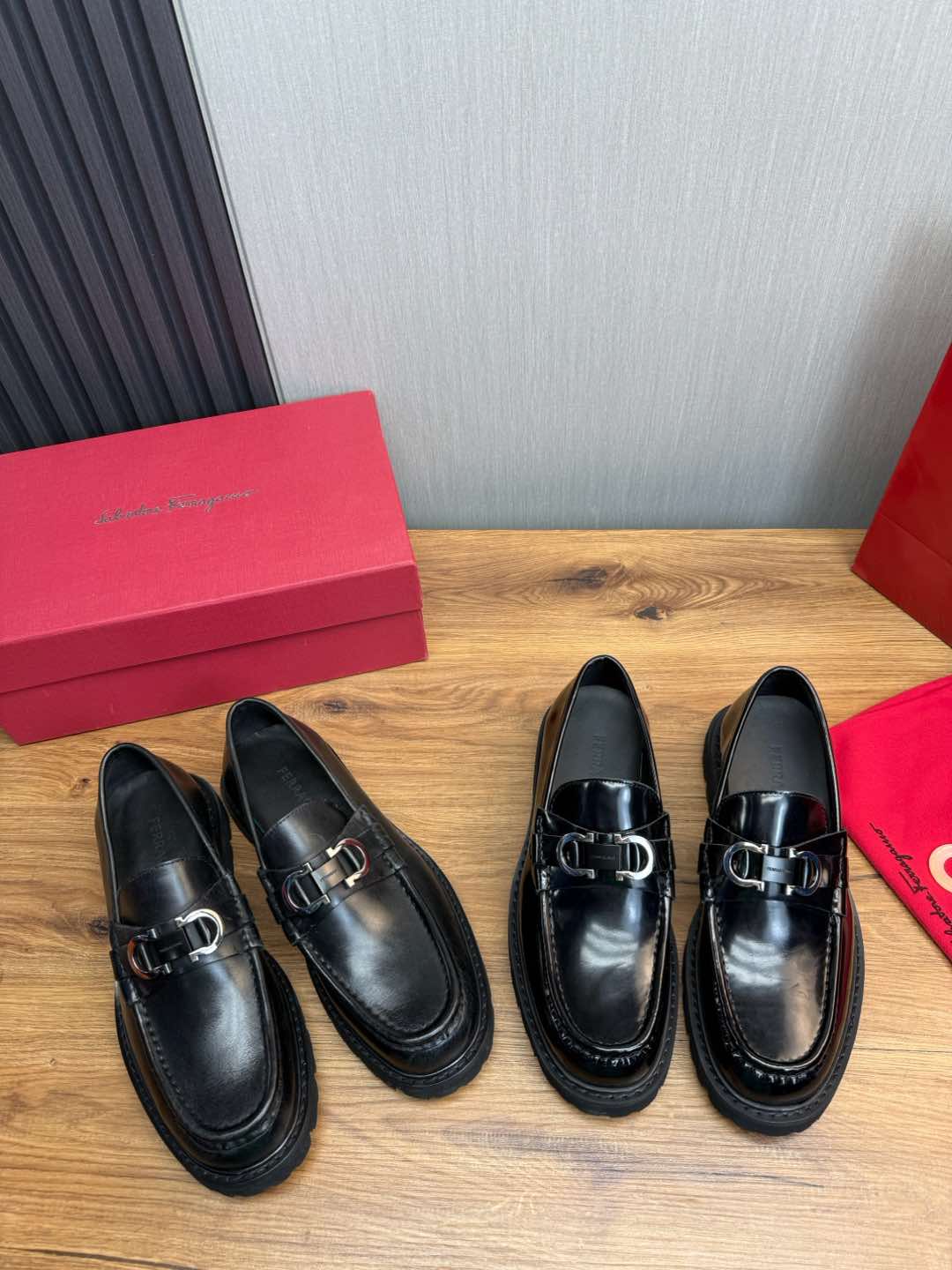 Ferragamo Men's Black Leather Loafers with Silver Buckle Detail, Sizes 39-44