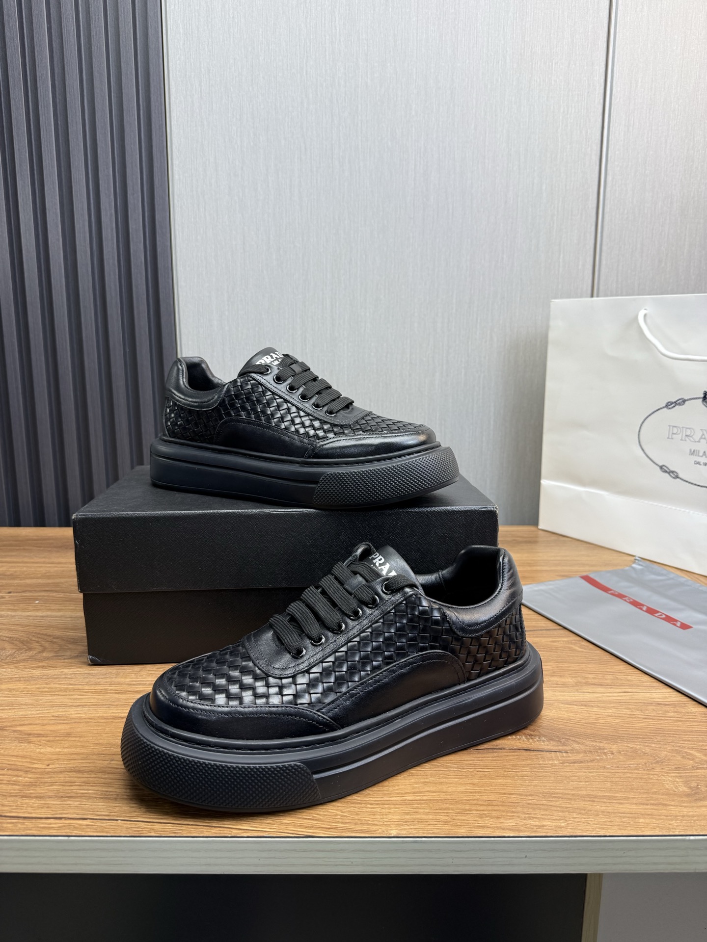Prada Men's Black Leather Lace-Up Weaved Sneakers, Size 38-44 5 i1742929114237 2741 0 7