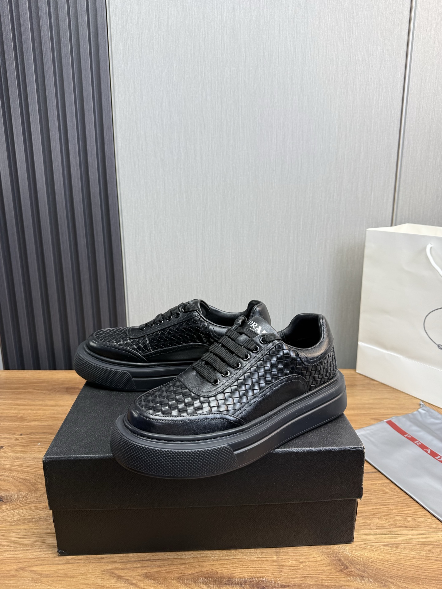 Prada Men's Black Leather Lace-Up Weaved Sneakers, Size 38-44 4 i1742929114240 7978 0 3