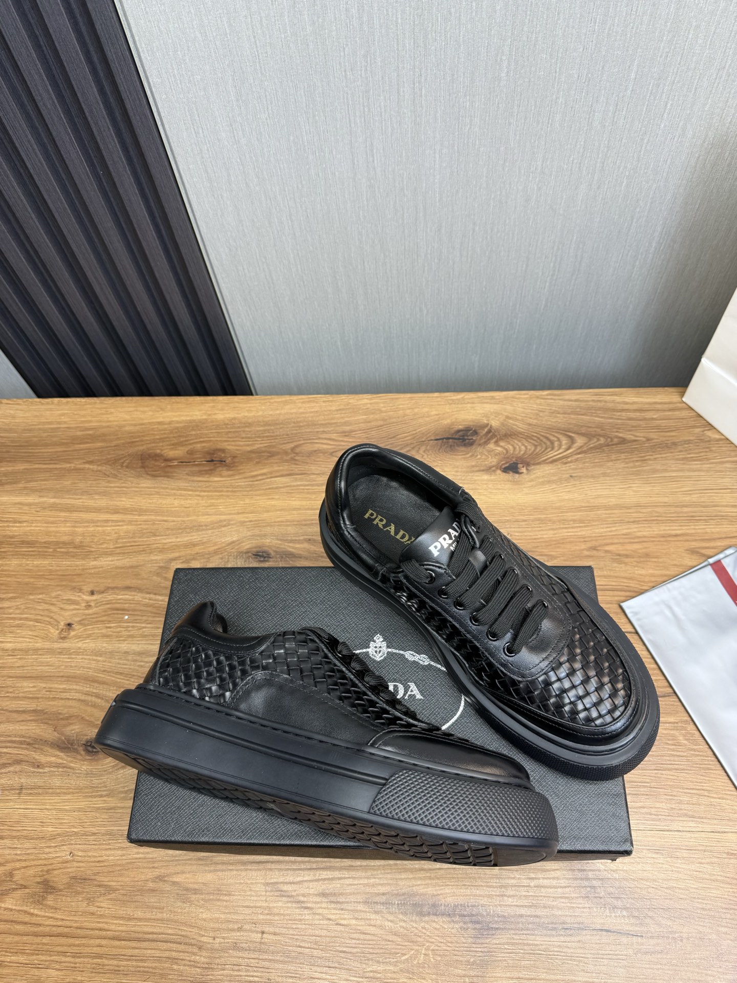 Prada Men's Black Leather Lace-Up Weaved Sneakers, Size 38-44 7 i1742929114318 7571 0 4