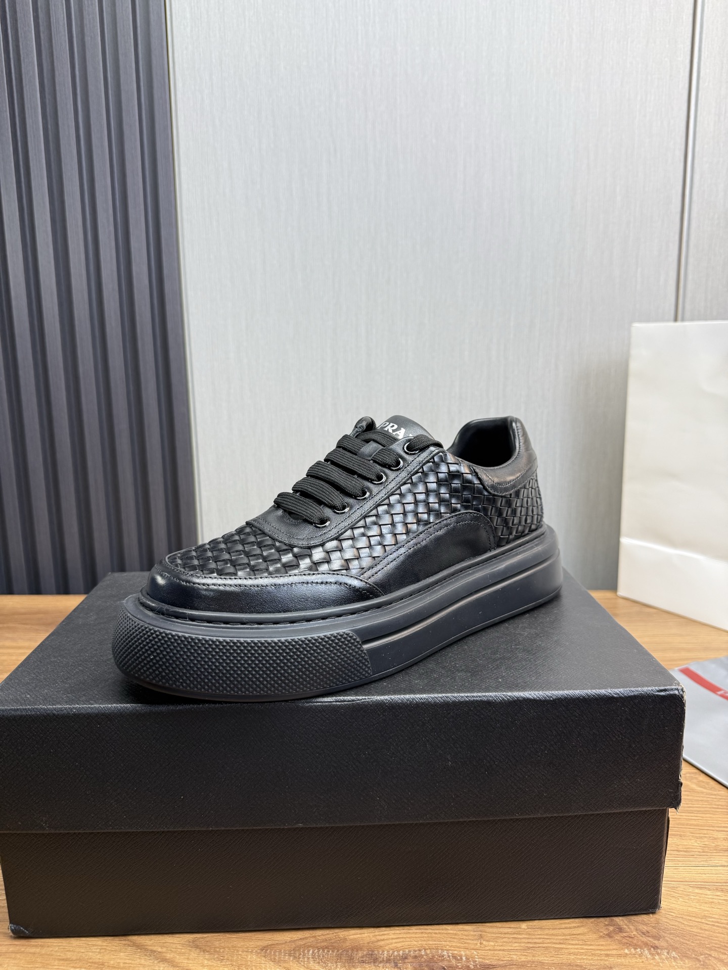 Prada Men's Black Leather Lace-Up Weaved Sneakers, Size 38-44 1 Prada Men's Black Leather Lace-Up Weaved Sneakers, Size 38-44