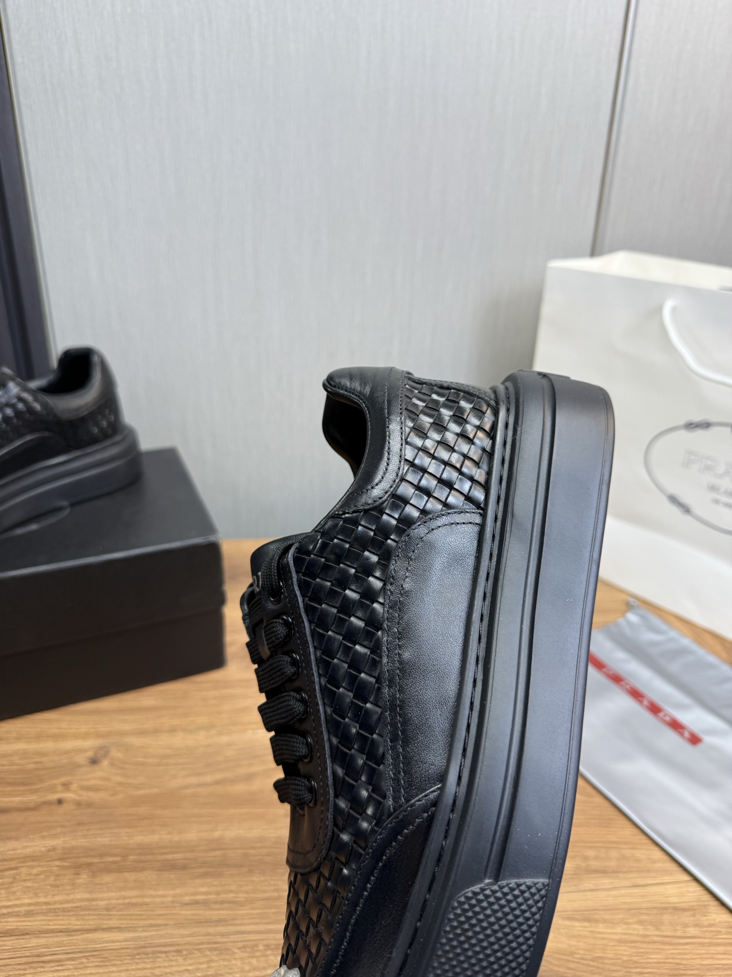 Prada Men's Black Leather Lace-Up Weaved Sneakers, Size 38-44 10 i1742929115671 9681 0 8