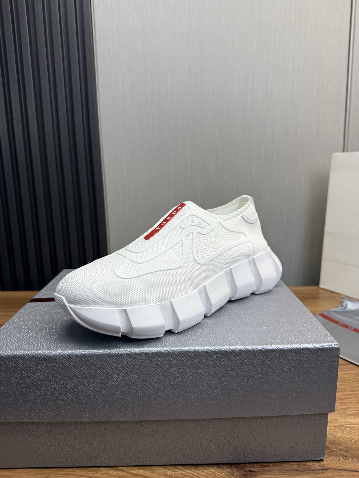 Prada Men's White Knit Slip-On Sneakers with Leather Lining, Sizes 38-44 1 Prada Men's White Knit Slip-On Sneakers with Leather Lining, Sizes 38-44
