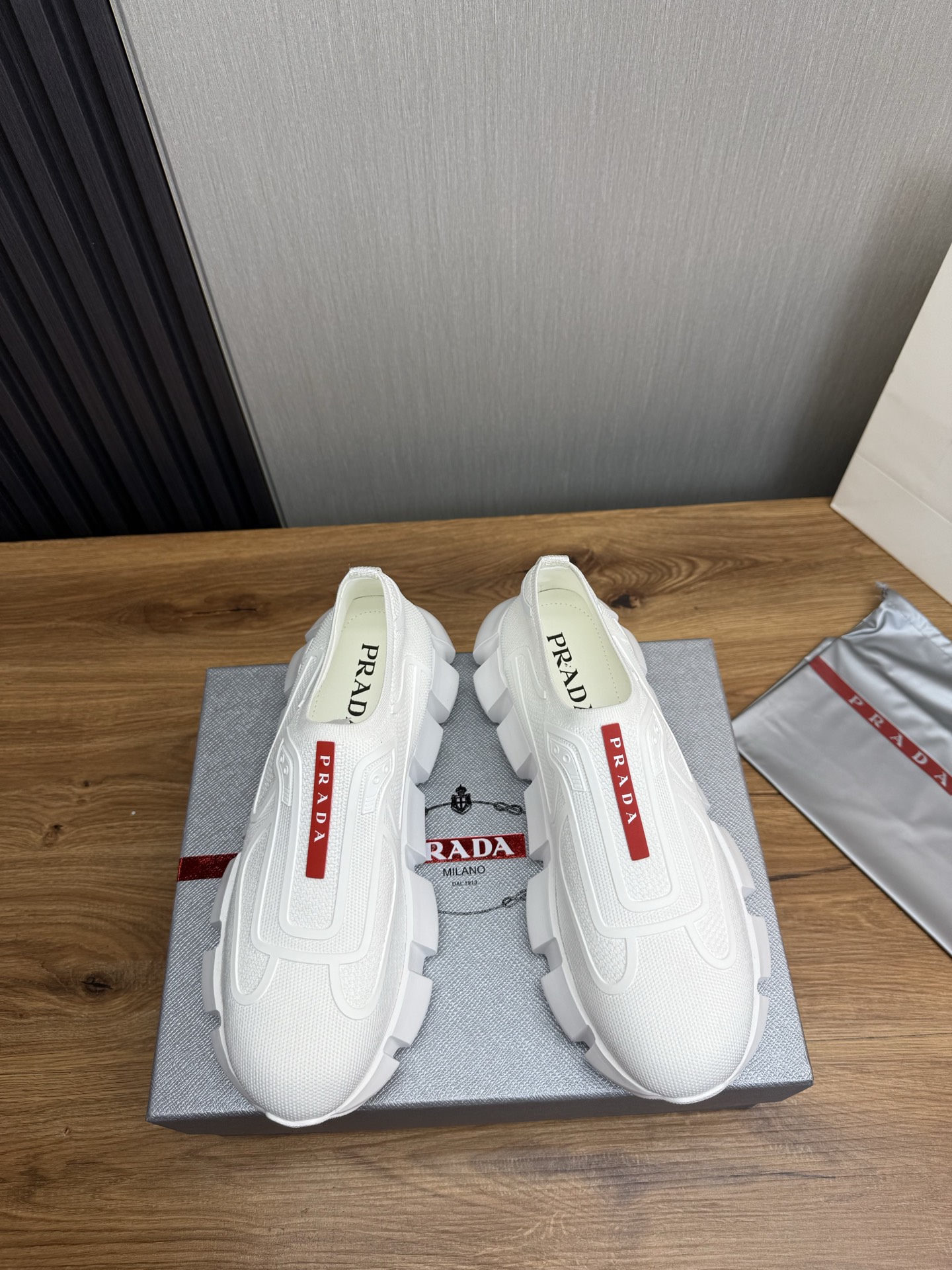 Prada Men's White Knit Slip-On Sneakers with Leather Lining, Sizes 38-44 3 i1743103780769 3539 0 2