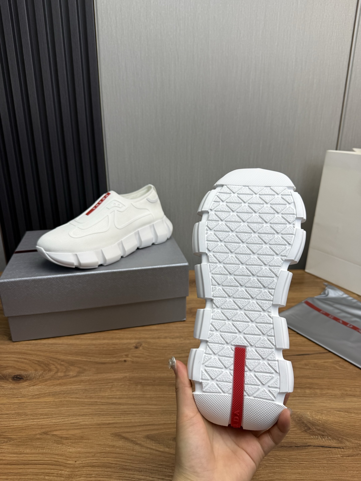 Prada Men's White Knit Slip-On Sneakers with Leather Lining, Sizes 38-44 11 i1743103783577 4680 0 10